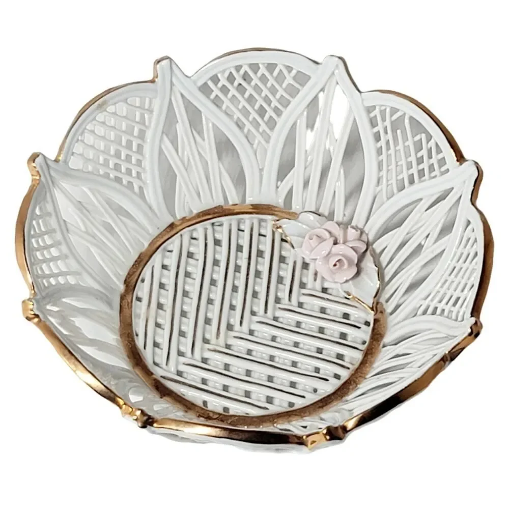 Vintage Porcelain Wicker Style Trinket Basket Floral With‎ Gold Accent 2